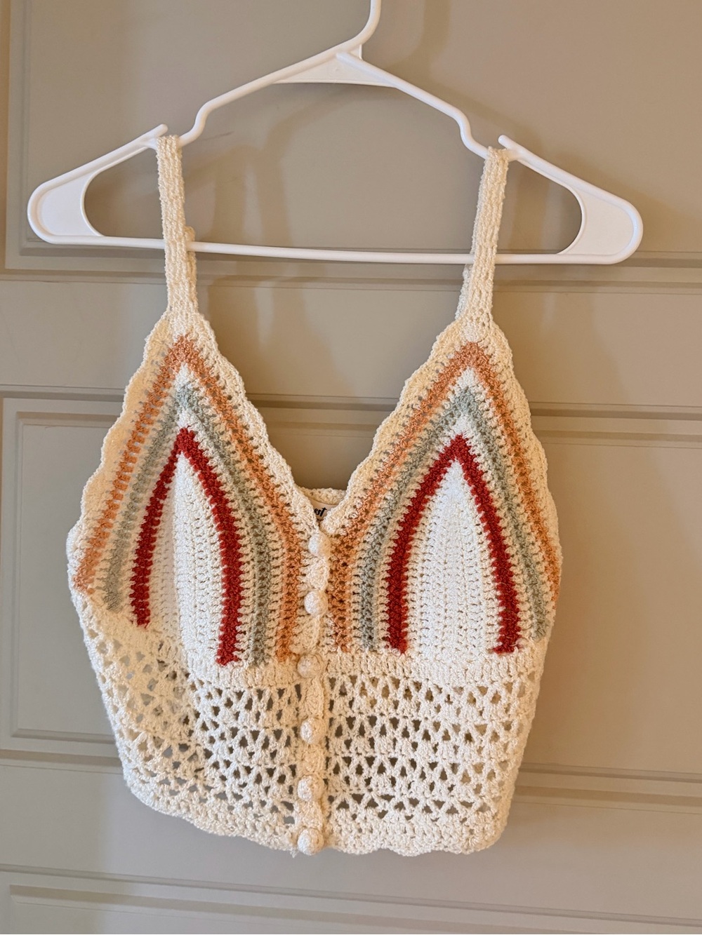 Three Bird Nest Cream Crochet Rainbow Trim Crop Top